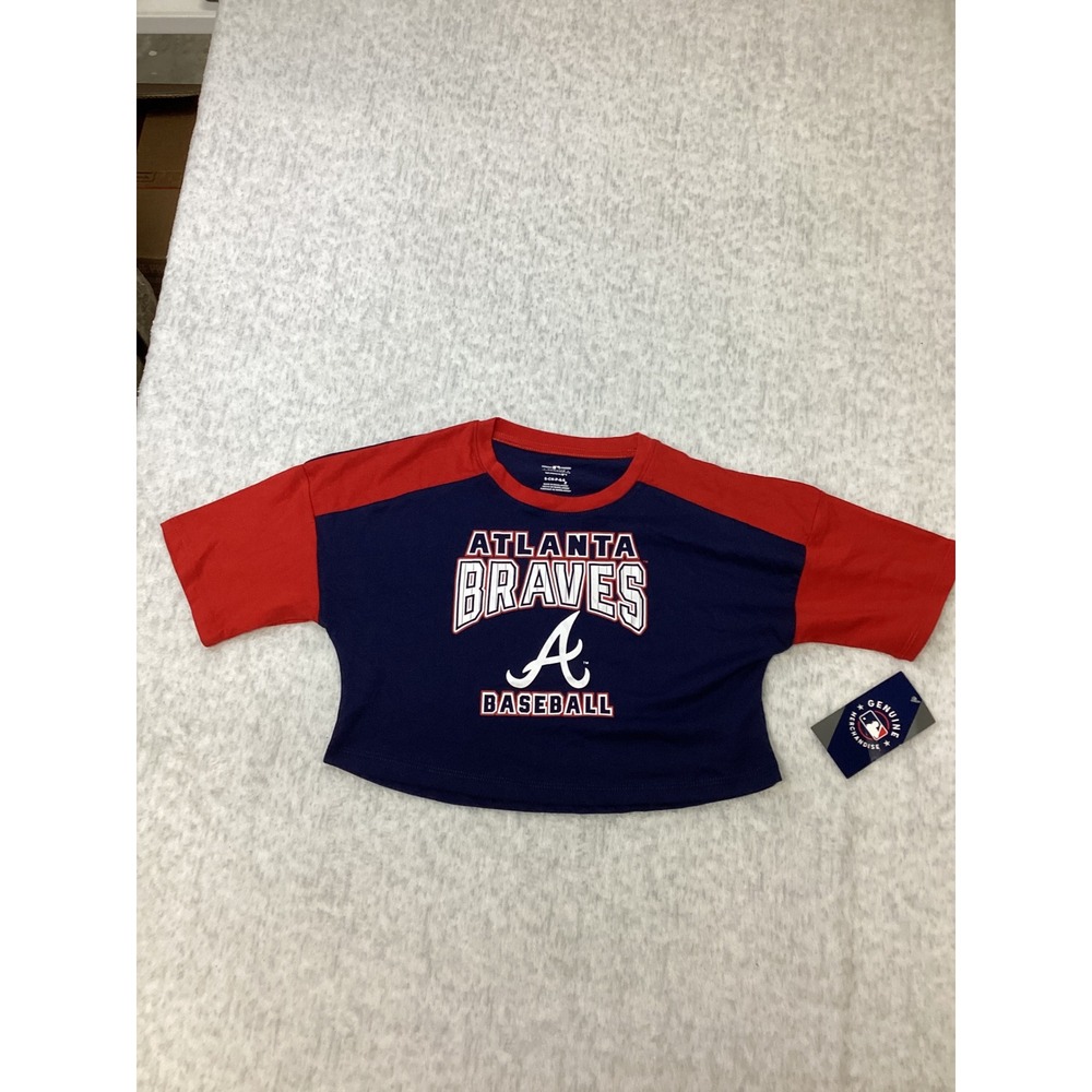 Atlanta Braves MLB Girls Cropped Colorblock Graphic T-Shirt Navy Red Size 6/6X